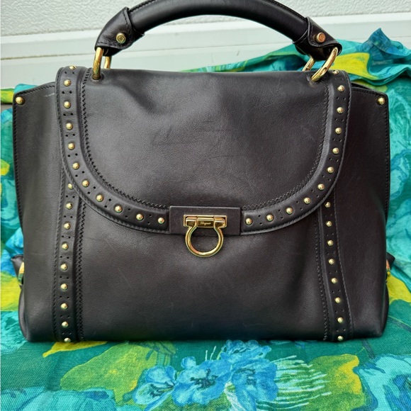 Salvatore Ferragamo Black Leather Messenger Bag with Gold Accents - Picture 1 of 16